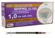 Шприц 1мл U-100 СФМ (3-х комп.) надетая игла 26G(0,45х12мм), аптечная упак. №20, SFM, Германия Шприц 1мл U-100 СФМ (3-х комп.) надетая игла 26G(0,45х12мм), аптечная упак. №20, SFM, Германия
