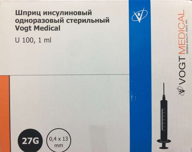 Шприц 1 мл инсулин. U-100 (3-х комп.) ФОГТ, надетая игла 27G(0,4х13мм) Vogt Medical, Германия Шприц 1 мл инсулин. U-100 (3-х комп.) ФОГТ, надетая игла 27G(0,4х13мм) Vogt Medical, Германия