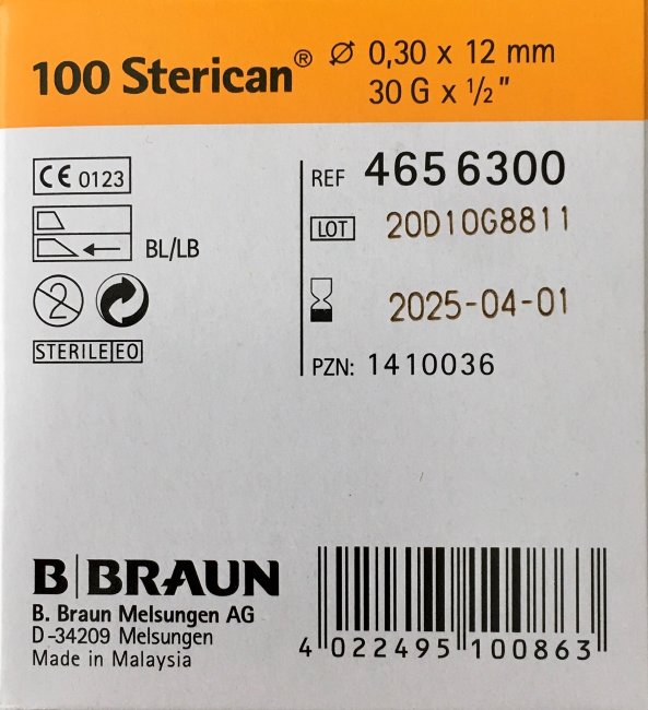 Игла 30G (0,3х12мм) Стерикан (Sterican), B.Braun, Германия, арт.4656300, упак.100 шт., №1