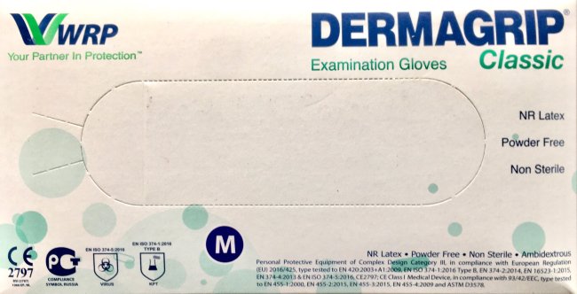Перчатки н/ст латекс. смотр. текстур., р.M (7-8), неопудр., DERMAGRIP®Classic, 2-кр хлор. (50 пар) Перчатки н/ст латекс. смотр. текстур., р.M (7-8), неопудр., DERMAGRIP®Classic, 2-кр хлор. (50 пар)