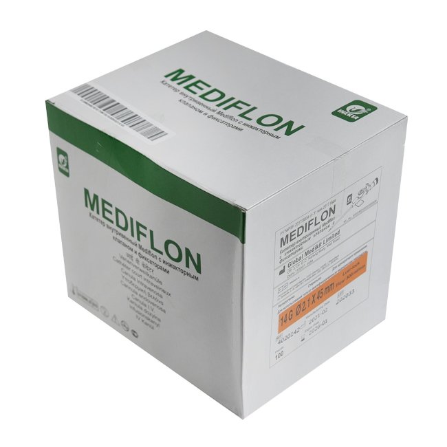 Катетер G14 (2,1х45мм) Медифлон в/в с доп. портом и крыльями, серый, Global Medikit Ltd., Индия