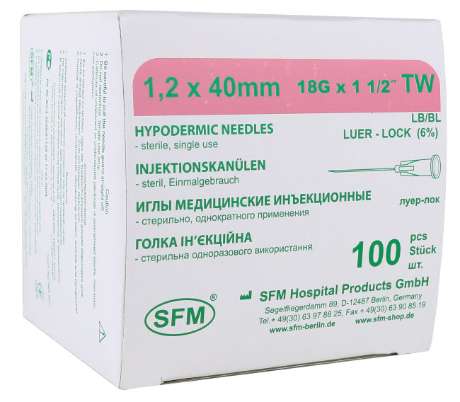 Игла 18G (1,2х40мм) стер. СФМ, Германия Игла 18G (1,2х40мм) стер. СФМ, Германия