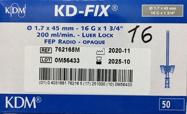 Катетер G16 (1,7х45мм) KD-fix внутривенный с доп. портом и крыльями, серый, КДМ (упак.50 шт)