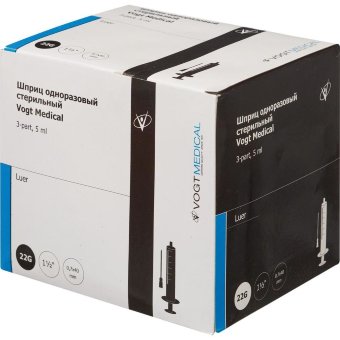 Шприц 5 (6)мл (3-х комп.) ФОГТ, приложенная игла 22G(0,7х40мм) Vogt Medical, арт.1310262, Германия Шприц 5 (6)мл (3-х комп.) ФОГТ, приложенная игла 22G(0,7х40мм) Vogt Medical, арт.1310262, Германия