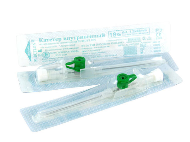 Катетер в/в G18 Суруфлон, с доп. портом и крыльями, синий, SURU Int., Индия (упак.100 шт), №1