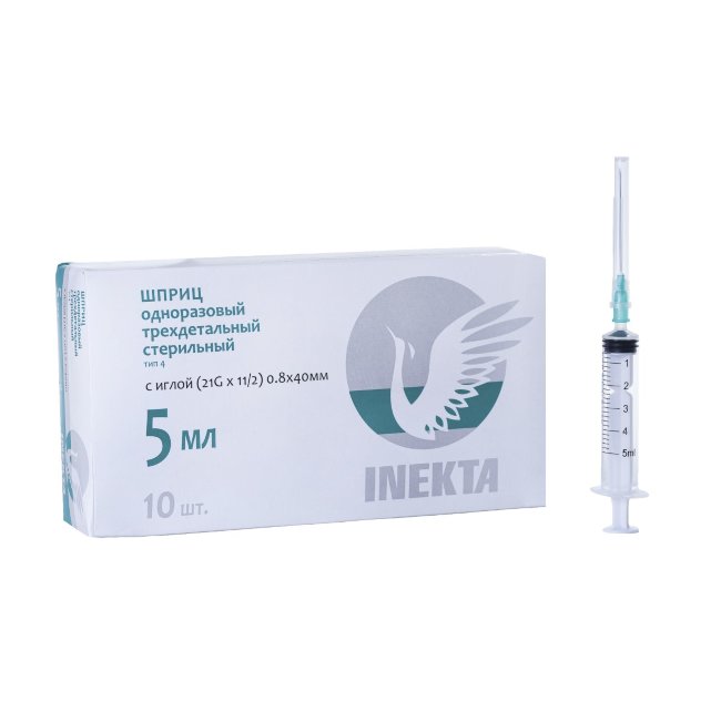 Шприц 5 мл (3-х комп.) ИНЕКТА, надетая игла 21G(0,8х40мм) Inekta, Китай (2000/100 шт) Шприц 5 мл (3-х комп.) ИНЕКТА, надетая игла 21G(0,8х40мм) Inekta, Китай (2000/100 шт)