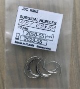 Игла хир. 4В1-0,9х 22 изогнутая 4/8 окружности, колющая, трехганная, с пружинящим ушком, №10