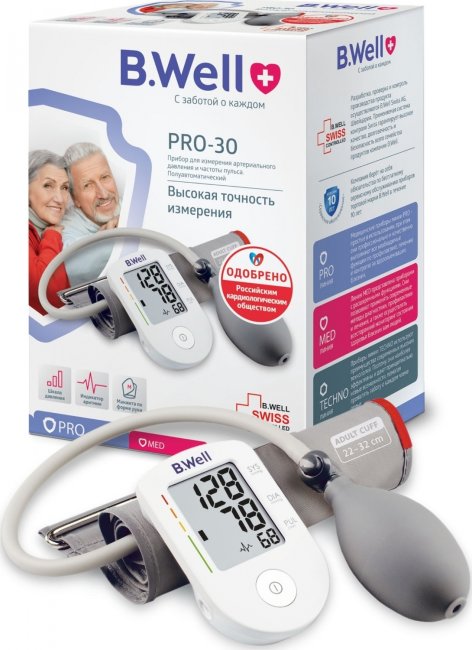 тонометр B.Well  PRO-30, полуавтомат, индикатор аритмии, конусная манжета M (22-32см)