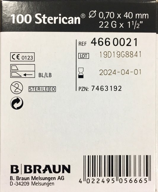 Игла 22G (0,7х40 мм) Стерикан (Sterican), B.Braun, Германия, арт.4660021, упак.100 шт., №1