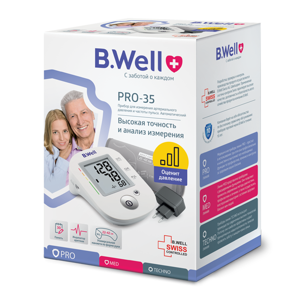 Тонометр B.Well  PRO-35, автомат, аритмия, память 30, манжета M-L(22-42 см), адаптер