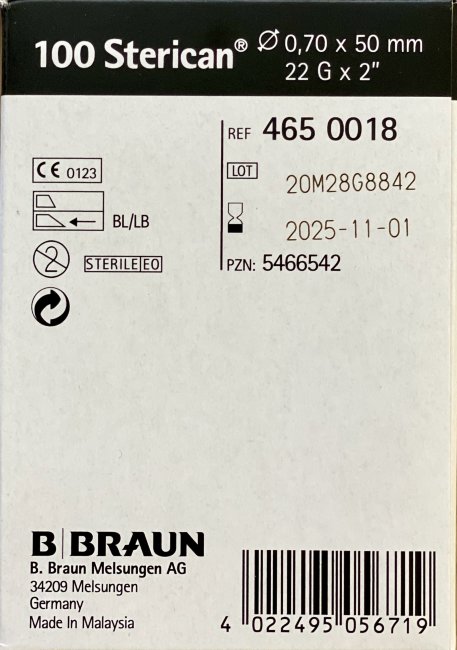 Игла 22G (0,7х50мм) Стерикан (Sterican), B.Braun, Германия, арт.4650018, упак.100 шт., №1