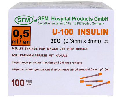 Шприц 0,5мл инсулиновый U-100 (3-х комп.) c интегр. иглой 30G(0,3х8мм) СФМ, №10, Германия Шприц 0,5мл инсулиновый U-100 (3-х комп.) c интегр. иглой 30G(0,3х8мм) СФМ, №10, Германия