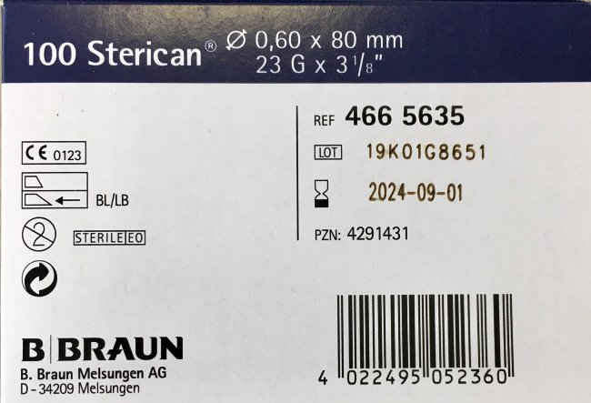 Игла 23G (0,6х80мм) Стерикан (Sterican) неврологическая B.Braun, арт.4665635, упак.100 шт., №1