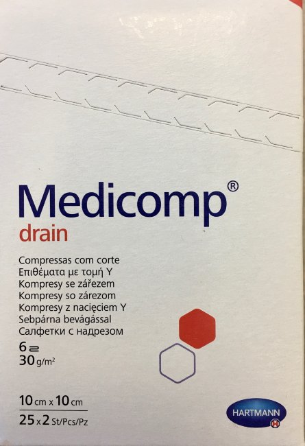 Салфетки стер. Медикомп дрейн: 10х10см №2; Y-обр. разрез; 6 сл.; нетканые (Medicomp drain, 25х2) Салфетки стер. Медикомп дрейн: 10х10см №2; Y-обр. разрез; 6 сл.; нетканые (Medicomp drain, 25х2)