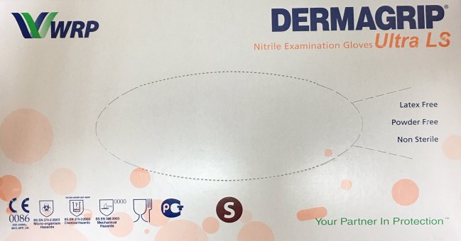 Перчатки Нитриловые  р.S (6-7), смотр. неопудр. текстур. DERMAGRIP®Ultra LS, №200 (100пар) Перчатки Нитриловые  р.S (6-7), смотр. неопудр. текстур. DERMAGRIP®Ultra LS, №200 (100пар)