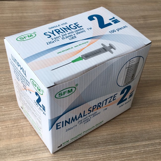 Шприц 2 мл СФМ, 2-х комп., надетая игла 23g(0,6х30мм), SFM, Германия Шприц 2 мл СФМ, 2-х комп., надетая игла 23g(0,6х30мм), SFM, Германия