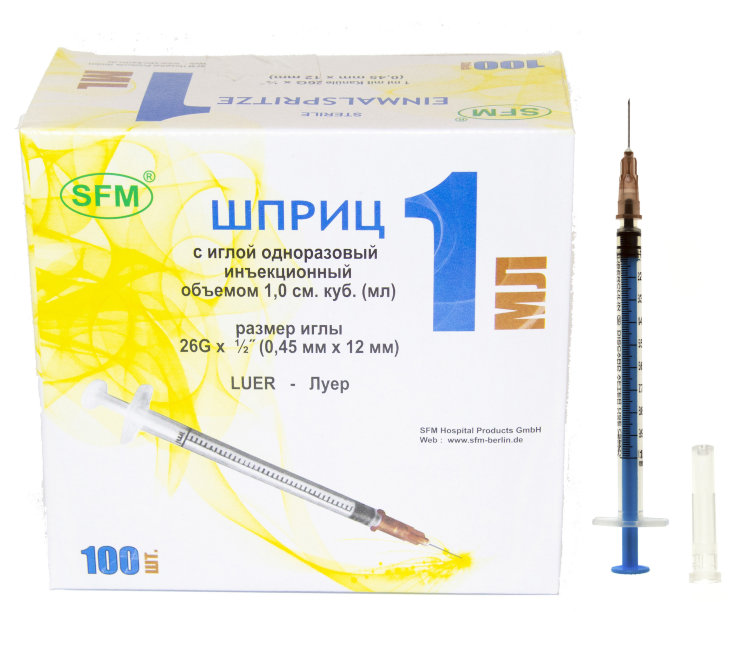 Купить Шприц 1 мл туберкулиновый СФМ (3-х комп.) съемная игла 26G(0 ...