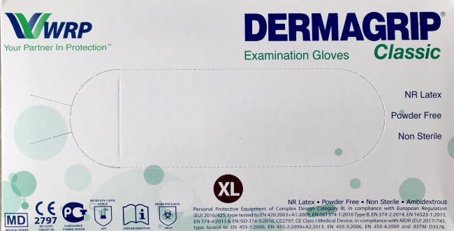 Перчатки н/ст латекс. смотр. текстур.,  р.XL (9-10), неопудр., DERMAGRIP®Classic, 2-кр хлор., 50 пар