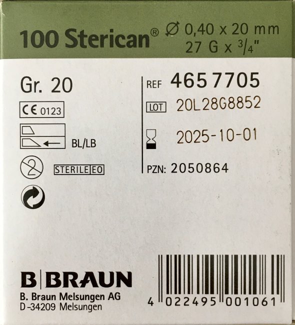 Игла 27G (0,4х20мм) Стерикан (Sterican), B.Braun, Германия, арт.4657705, упак.100 шт., №1
