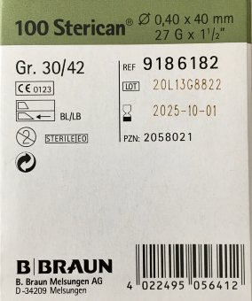 Игла 27G (0,4х40мм) Стерикан (Sterican), B.Braun, Германия, арт.9186182, упак.100 шт., №1 Игла 27G (0,4х40мм) Стерикан (Sterican), B.Braun, Германия, арт.9186182, упак.100 шт., №1