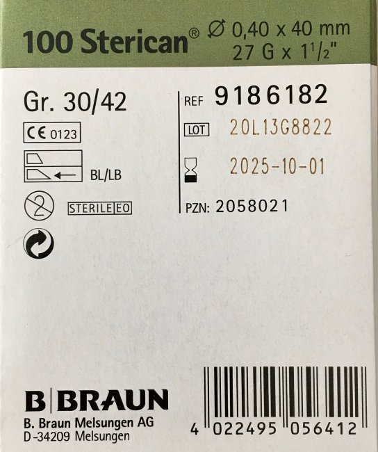 Игла 27G (0,4х40мм) Стерикан (Sterican), B.Braun, Германия, арт.9186182, упак.100 шт., №1